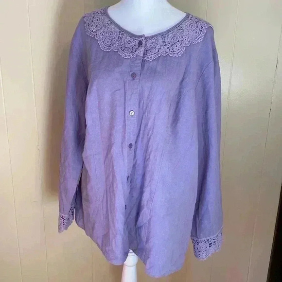 Denim & Co Purple Lavender Linen Blend Crochet Embellished Plus Size Top Size 1X - Picture 1 of 12